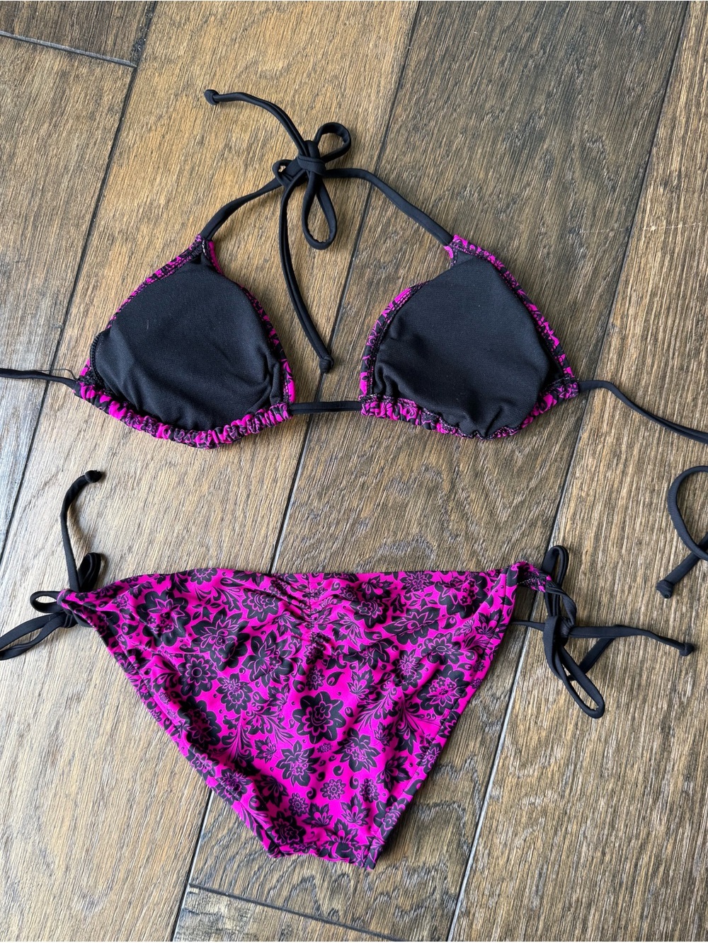 Xhilaration Pink Black Floral Bikini Set Medium Top Small Bottom - Picture 4 of 7